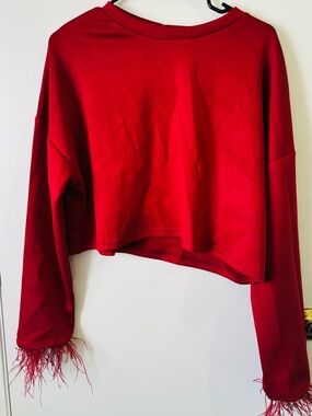 Women's Red Feather-Trim Cropped Sweatshirt